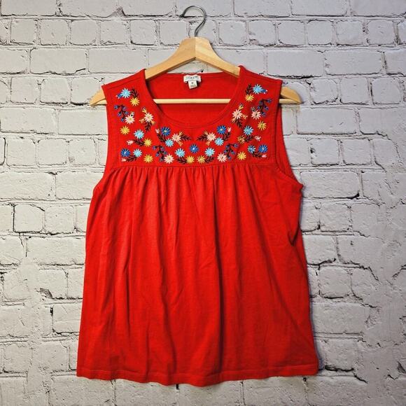 J. Crew Tops - J Crew Floral Embroidered Yoke Red Cotton Garden Tee Tank Top Blouse Size Medium